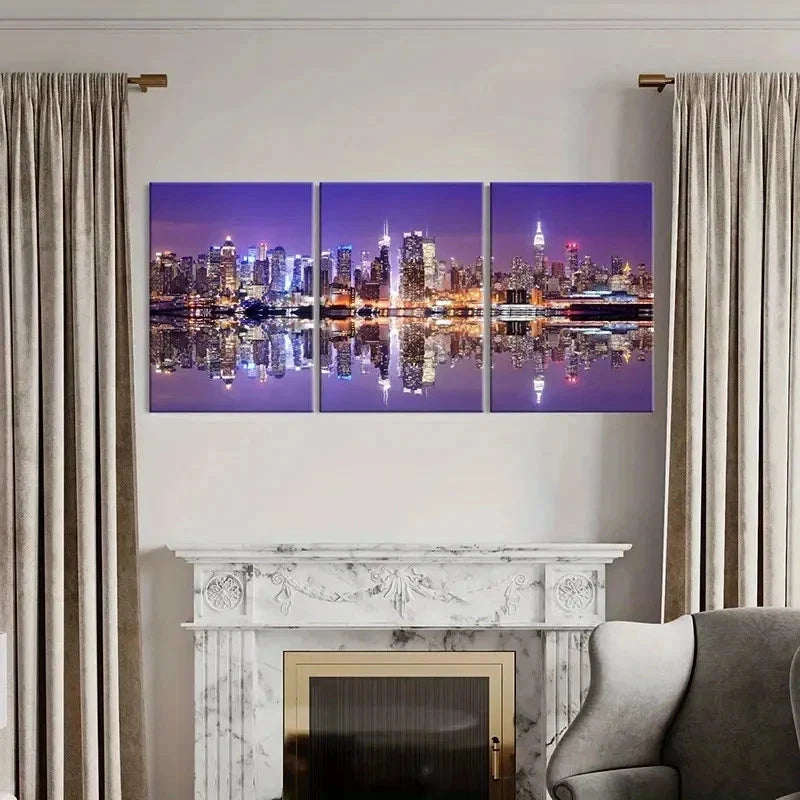 3pcs Night View Skyline & Buildings Wall Art Set Canvas Framed 40x60cm - High Quality Print 100% Australian Made Wall Canvas Ready to Hang