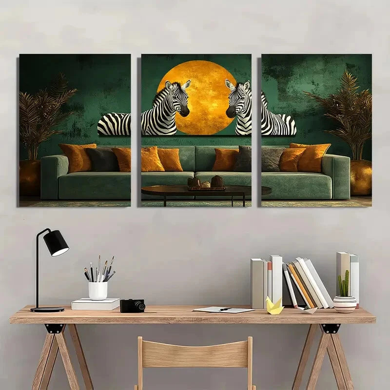 3pcs Green and White Zebras Abstract Metal Print Ready to Hang Art