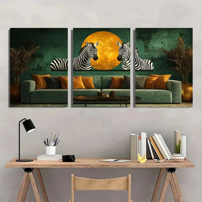 3pcs Green and White Zebras Abstract Metal Print Ready to Hang Art