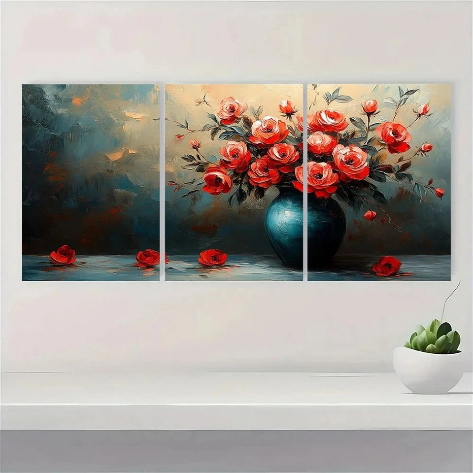 3pcs Modern Abstract Vases And Floral Metal Print Ready to Hang Art