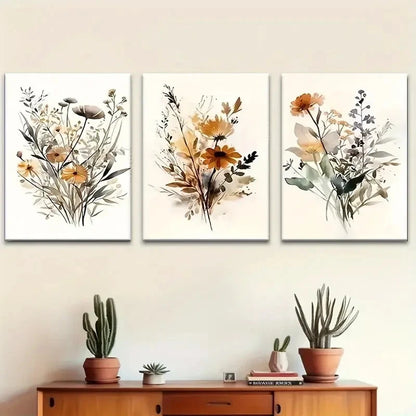 3pcs Wildflower Art Painting Bohemian Style Metal Print Ready to Hang Art