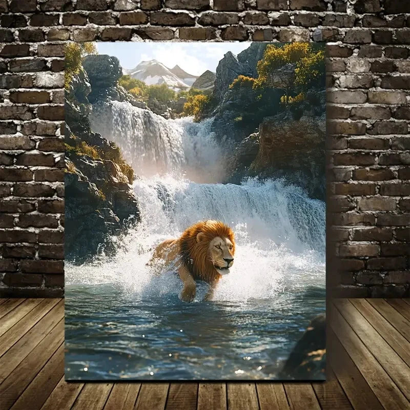 Lion Splashing In Crystal Clear Waterfall Painting 40x60cm Metal Print Ready to Hang