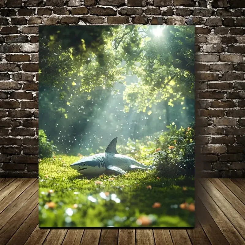 Shark in Lush Meadow with Sunbeams & Trees Painting 40x60cm Metal Print Ready to Hang