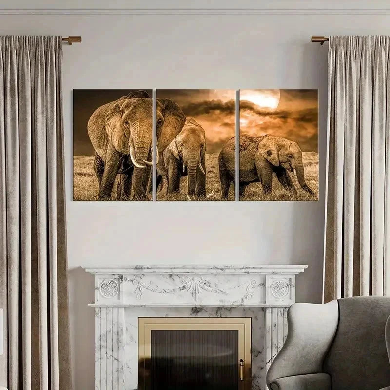 3pcs African Savanna Elephant Modern Wall Art Set Canvas Framed 40x60cm - High Quality Print 100% Australian Made Wall Canvas Ready to Hang