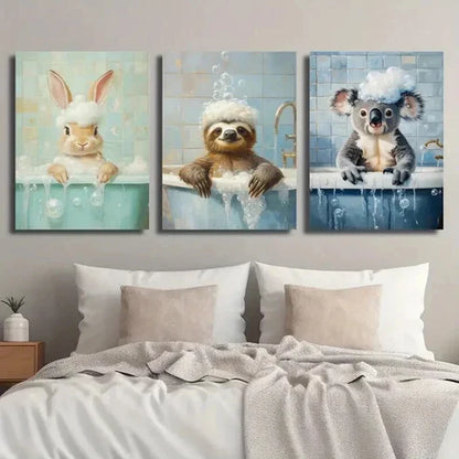 3pcs Cute Bunny Sloth Raccoon in Bathtub Wall Art Set Canvas Unframed - High Quality Print 100% Australian Made Wall Canvas