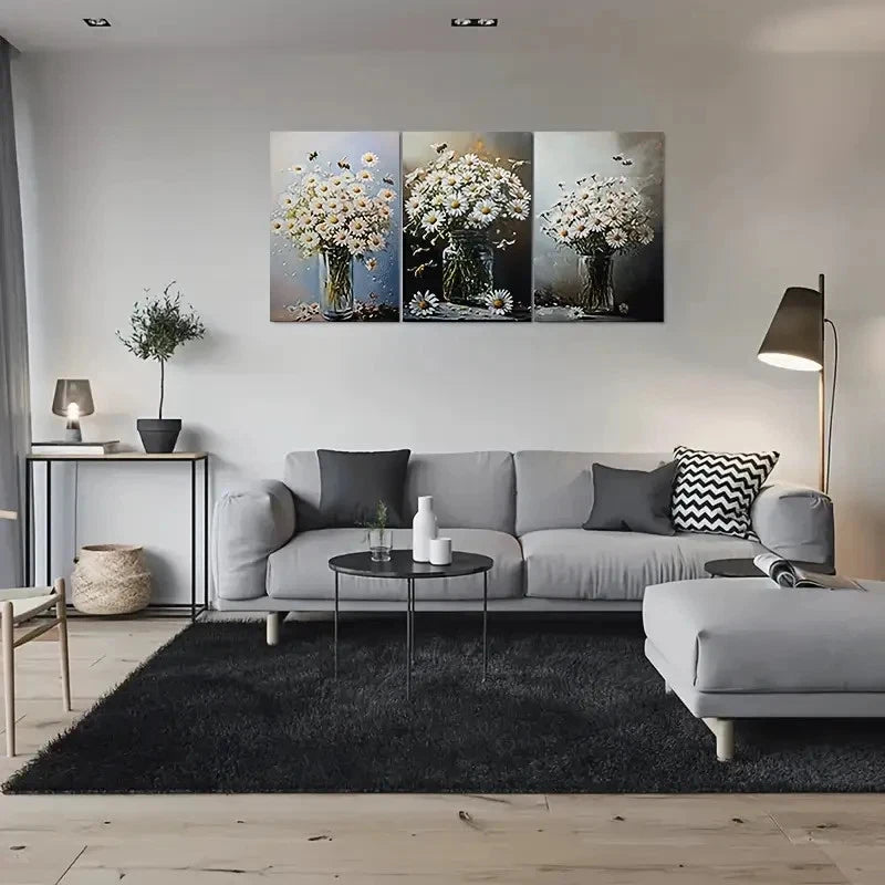 3pcs Daisy White Flower Green Leaves Metal Print Ready to Hang Art