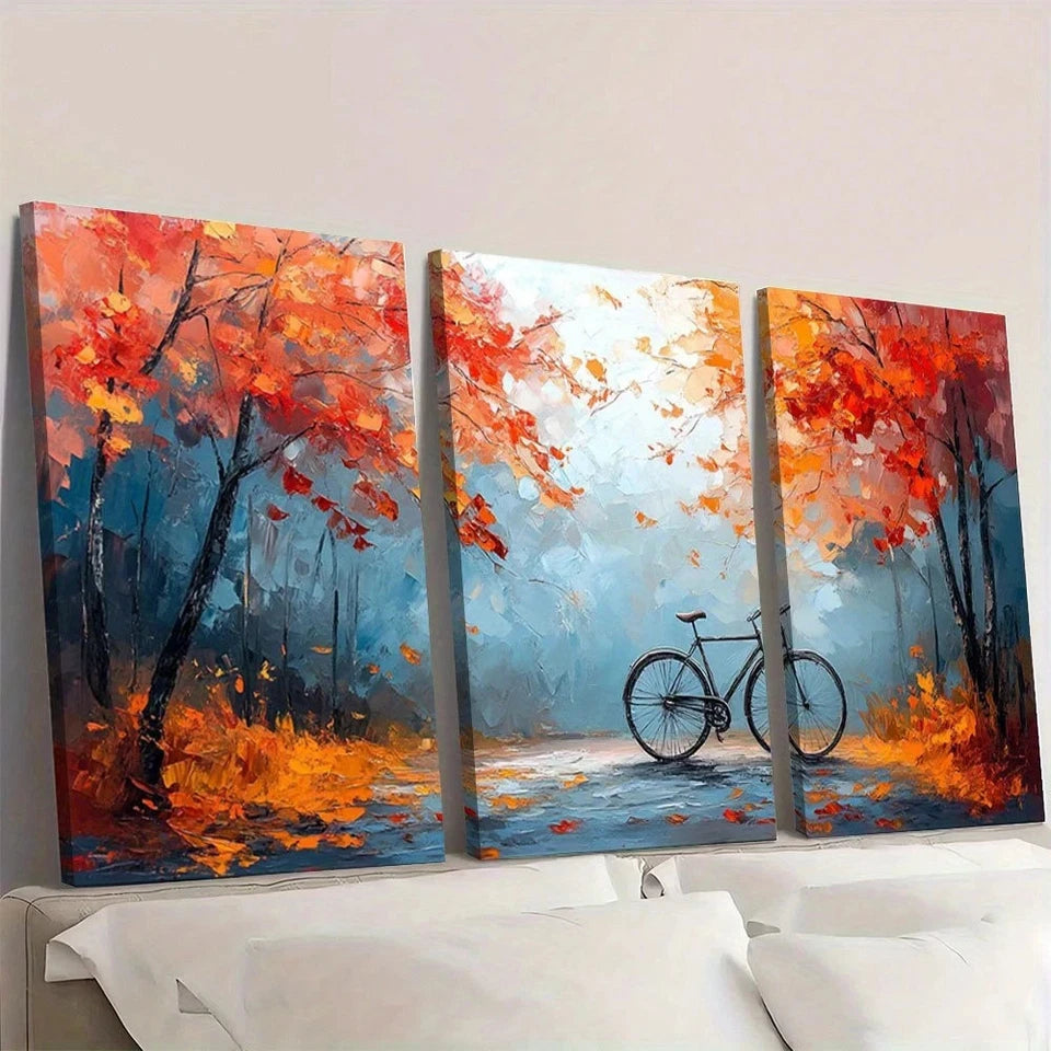 Triptych painting of a bicycle on a path with autumn trees