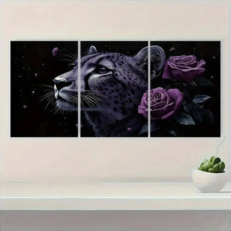 3pcs Leopard & Purple Rose Black White and Gray Metal Print Ready to Hang Art