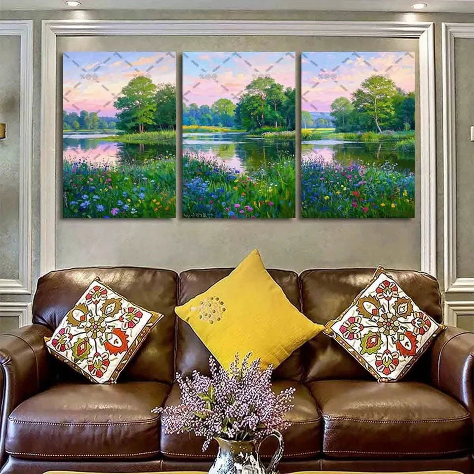 3pcs Serene Michigan Forest Lake & Wildflower Metal Print Ready to Hang Art