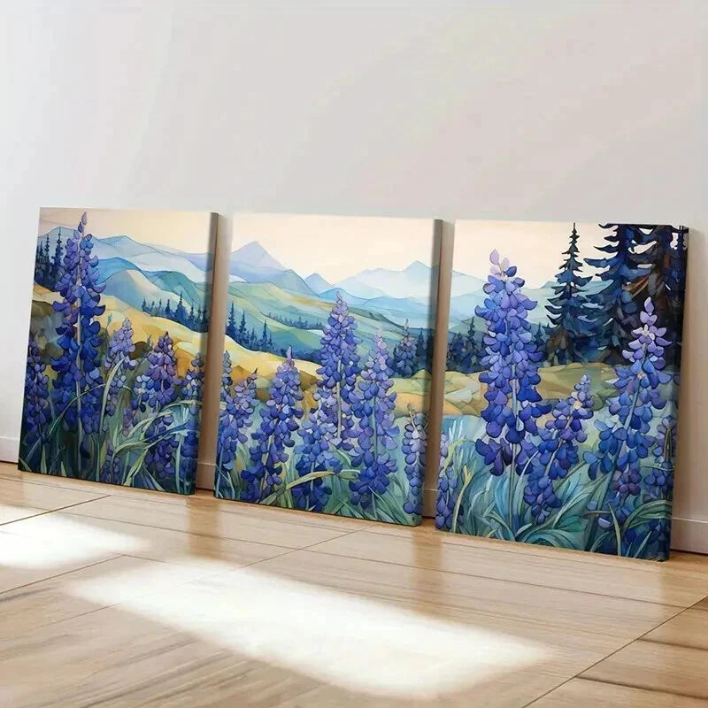 3pcs Mountains Violet Blooms in Nature Landscape Wall Art Set Canvas Framed 40x60cm - High Quality Print 100% Australian Made Wall Canvas Ready to Hang