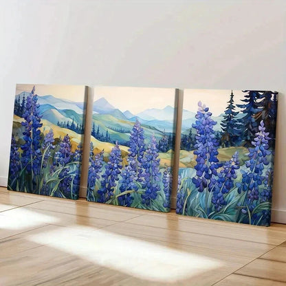 3pcs Mountains Violet Blooms in Nature Landscape Wall Art Set Canvas Framed 40x60cm - High Quality Print 100% Australian Made Wall Canvas Ready to Hang