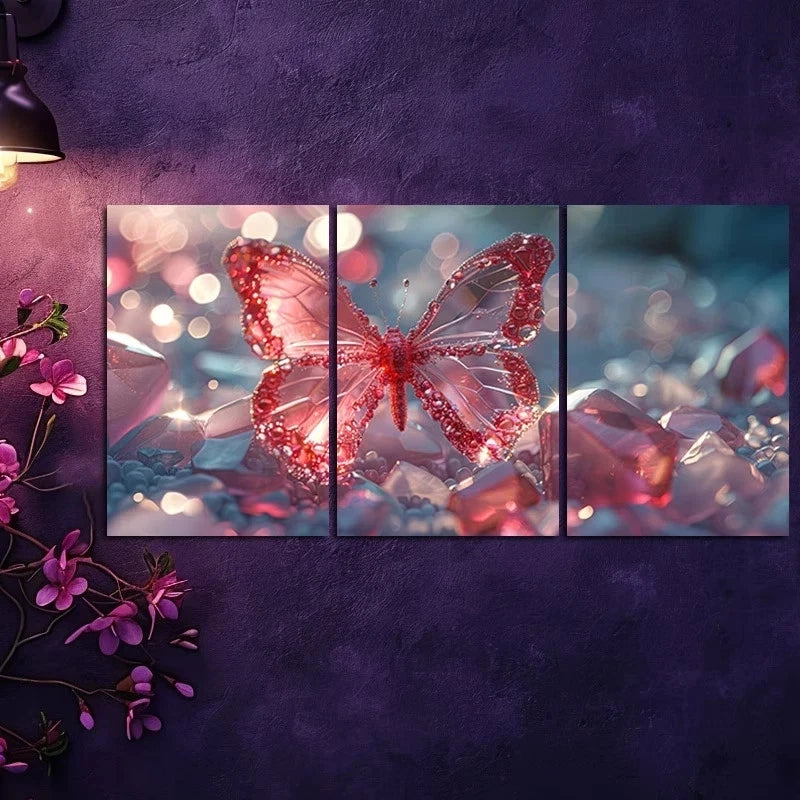 3pcs Luxurious Shining Crystal Butterfly Metal Print Ready to Hang Art