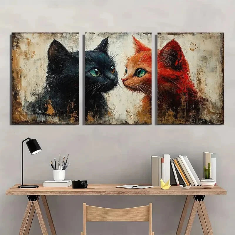 3pcs Black & Orange Cats Modern Farmhouse Metal Print Ready to Hang Art