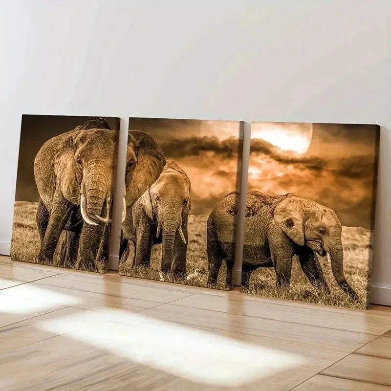 3pcs African Savanna Elephant Modern Wall Art Set Canvas Framed 40x60cm - High Quality Print 100% Australian Made Wall Canvas Ready to Hang