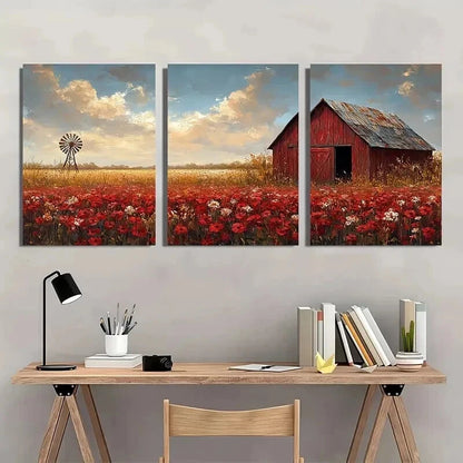 3pcs Field with Weathered Red Barn & Windmill Wall Art Set Canvas Framed 40x60cm - High Quality Print 100% Australian Made Wall Canvas Ready to Hang