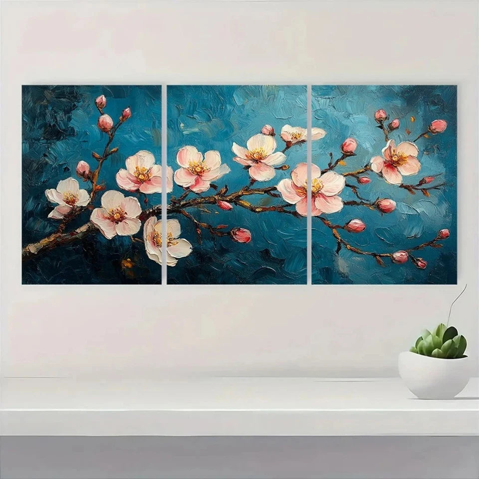 3pcs Gogh Almond Blossom Dark Blue White Flowers Wall Art Set Canvas Framed 60x90cm - High Quality Print 100% Australian Made Wall Canvas Ready to Hang