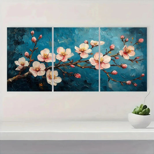 3pcs Gogh Almond Blossom Dark Blue White Flowers Wall Art Set Canvas Framed 60x90cm - High Quality Print 100% Australian Made Wall Canvas Ready to Hang