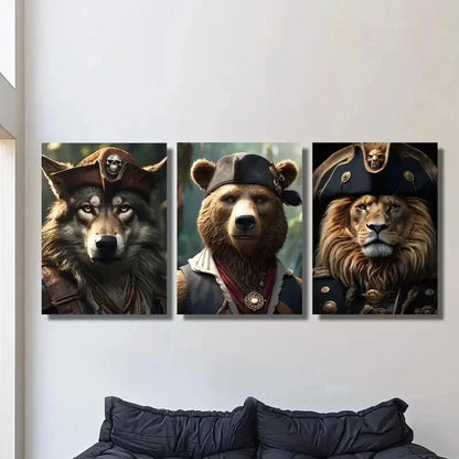 3pcs Ancient Pirates Wolf Bear and Lion Wall Art Set Canvas Framed 40x60cm - High Quality Print 100% Australian Made Wall Canvas Ready to Hang