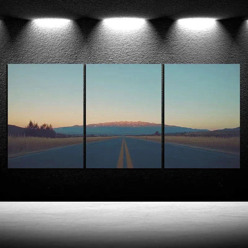 3pcs Sunset Glow Road Trio Mountain Metal Print Ready to Hang Art - Bella Home Decor