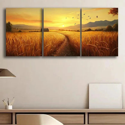 3pcs Golden Wheat Field Nature Scenery Metal Print Ready to Hang Art