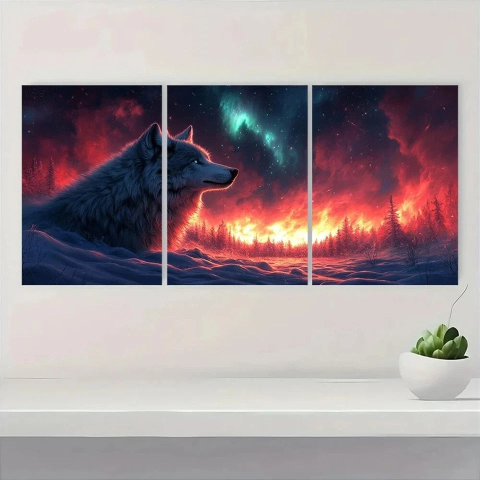 3pcs Wolf and Northern Lights Animal Vibrant Metal Print Ready to Hang Art