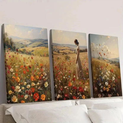 3pcs Spring Wildflowers Meadow Landscape Wall Art Set Canvas Framed 40x60cm - High Quality Print 100% Australian Made Wall Canvas Ready to Hang