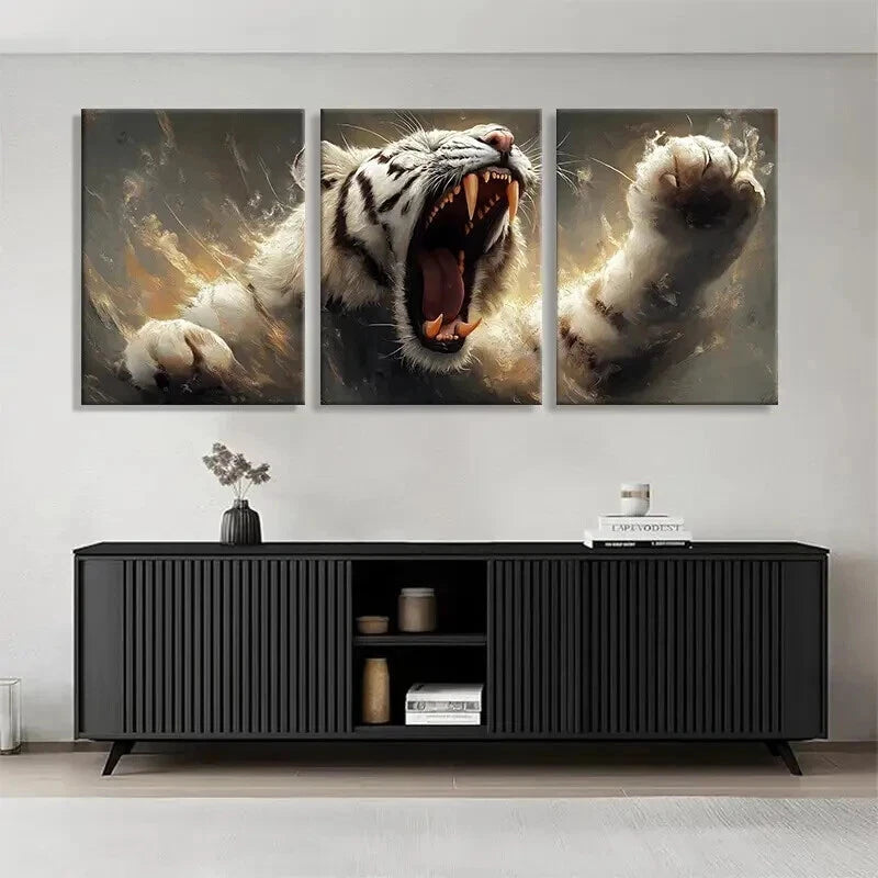 3pcs Fierce White Tiger Powerful Roar Perfect Wall Art Set Canvas Framed 40x60cm - High Quality Print 100% Australian Made Wall Canvas Ready to Hang