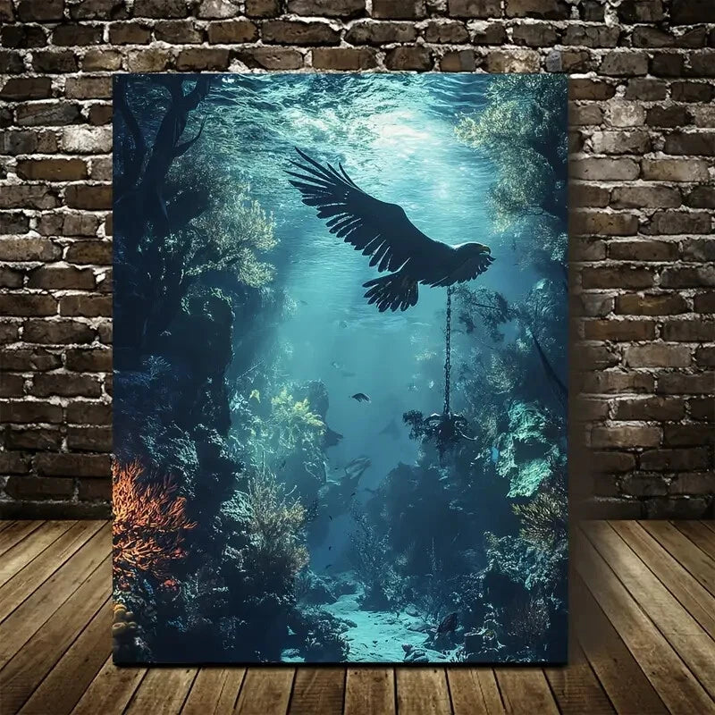 Steampunk Eagle Moonlit Coral Reef Scene Painting 40x60cm Metal Print Ready to Hang