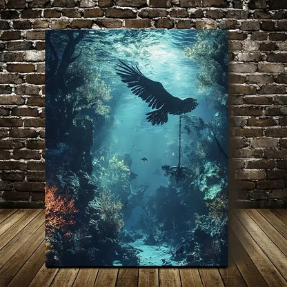 Steampunk Eagle Moonlit Coral Reef Scene Painting 40x60cm Metal Print Ready to Hang