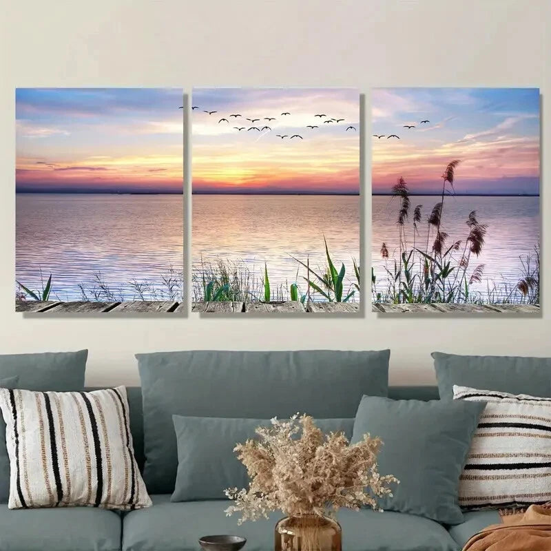 3pcs Beautiful Sunset Lake Serene Water & Duck Metal Print Ready to Hang Art