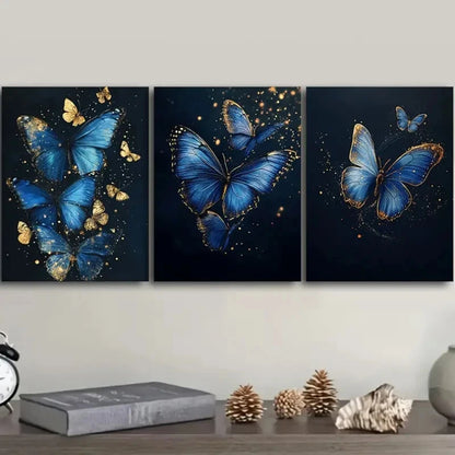 3pcs Modern Art Deco Blue Morpho Butterfly Wall Art Set Canvas Framed 50x70cm - High Quality Print 100% Australian Made Wall Canvas Ready to Hang