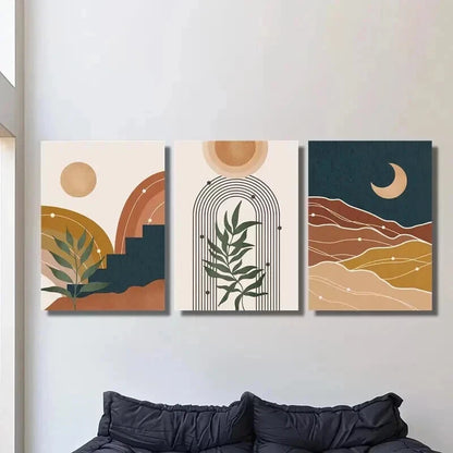 3pcs Abstract Bohemian Sun Moon & Plants Wall Art Set Canvas Framed 40x60cm - High Quality Print 100% Australian Made Wall Canvas Ready to Hang