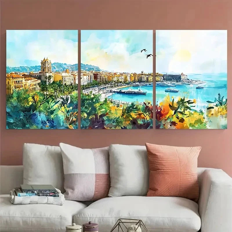 3pcs Malaga Cityscape Spain Landscape Perfect Wall Art Set Canvas Framed 40x60cm - High Quality Print 100% Australian Made Wall Canvas Ready to Hang