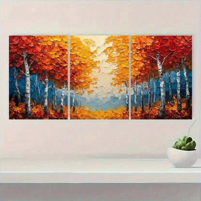 3pcs Birch Tree Painting Autumn Texture Metal Print Ready to Hang Art