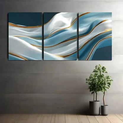 3pcs Abstract Blue and White Waves Metal Print Ready to Hang Art