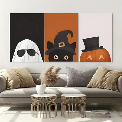 3pcs Spooky Ghost Witch Hat and Jack-O'-Lantern Metal Print Ready to Hang Art