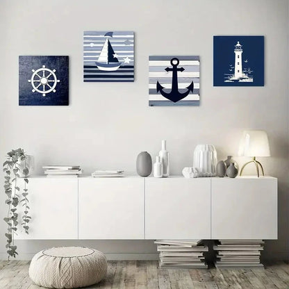 4pcs Anchor, Ship Wheel, Sailboat, Lighthouse Wall Art Canvas Framed
