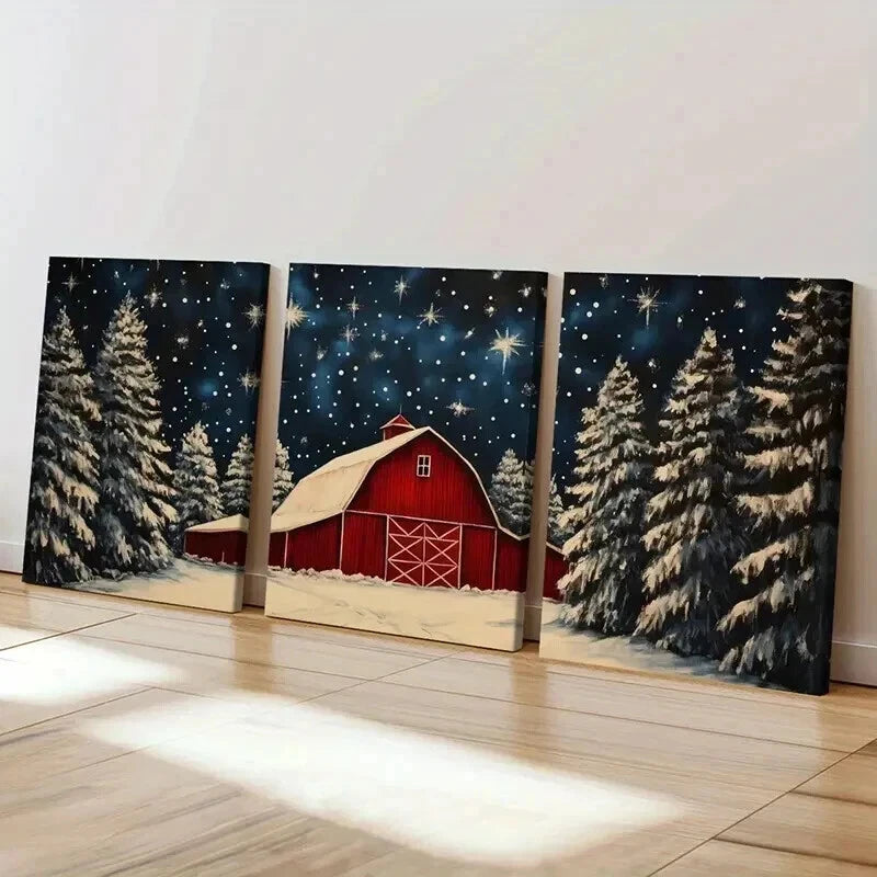 3pcs Winter Barn & Snowy Trees Starry Night Sky Wall Art Set Canvas Framed 40x60cm - High Quality Print 100% Australian Made Wall Canvas Ready to Hang