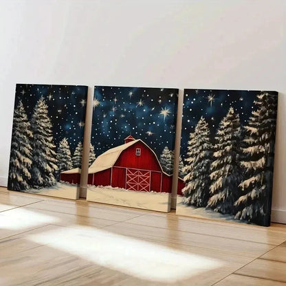 3pcs Winter Barn & Snowy Trees Starry Night Sky Wall Art Set Canvas Framed 40x60cm - High Quality Print 100% Australian Made Wall Canvas Ready to Hang