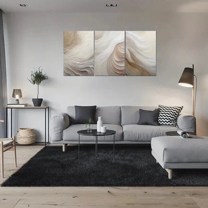3pcs Abstract Wave Neutral Beige & Textured Metal Print Ready to Hang Art