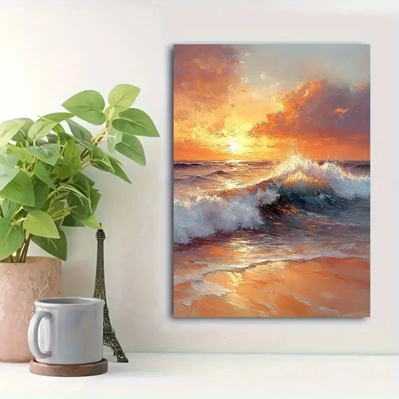Beautiful Dusk Seascape With Dynamic Waves Painting 40x60cm Metal Print Ready to Hang