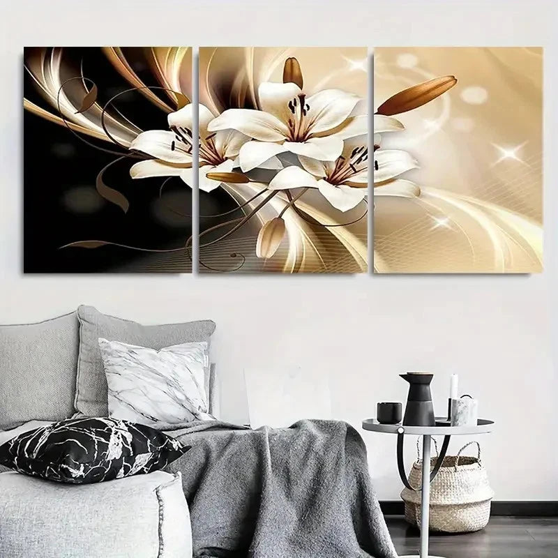 3pcs Golden Accents and Flowing Design Metal Print Ready to Hang Art