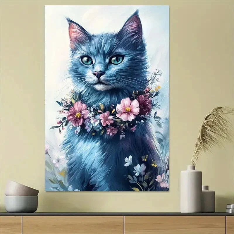 Blue Cat with Pink Floral Modern Classic Poster 40x60cm Metal Print Ready to Hang