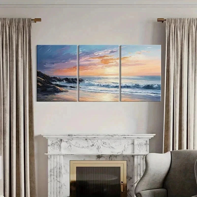 3pcs Sunset Ocean Rocks Sky Nature Wall Art Set Canvas Framed 40x60cm - High Quality Print 100% Australian Made Wall Canvas Ready to Hang