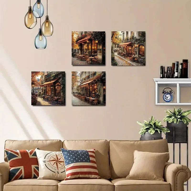 4pcs Autumnal Street CafWall Art Canvas Framed