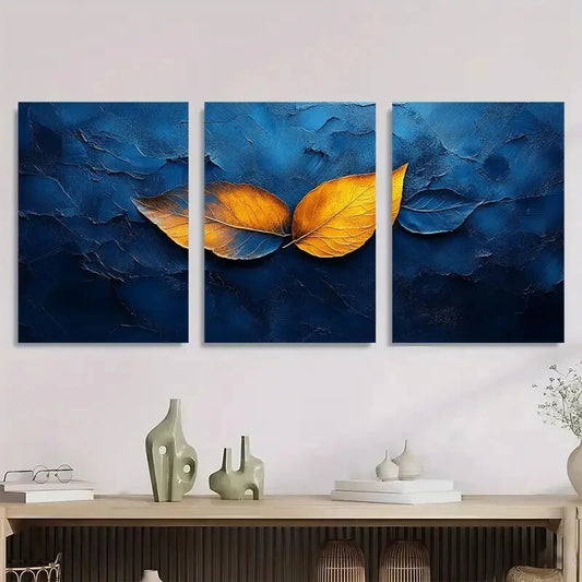 3pcs Abstract Leaf Design in Blue & Yellow Metal Print Ready to Hang Art