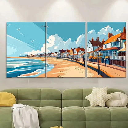 3pcs Vibrant Beach & Seaside Village Scenery Metal Print Ready to Hang Art