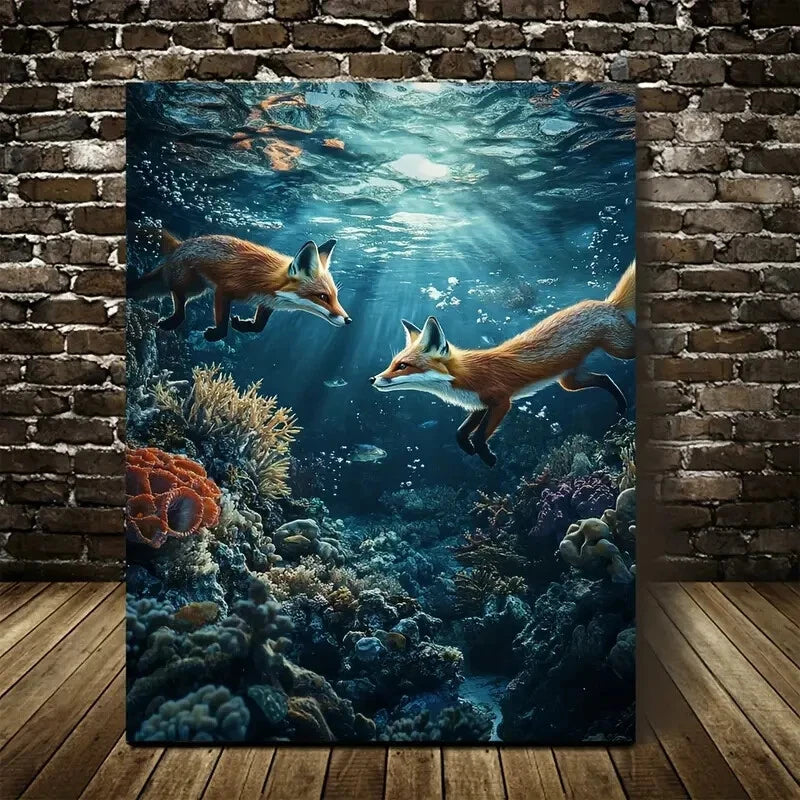Whimsical Underwater Fox Scene Coral Reef Painting 40x60cm Metal Print Ready to Hang
