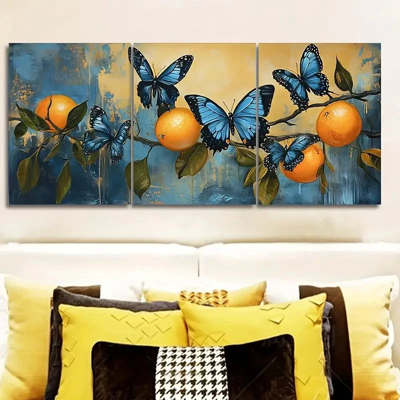 3pcs Blue Butterfly And Orange Trees Wall Art Set Canvas Framed 50x70cm - High Quality Print 100% Australian Made Wall Canvas Ready to Hang