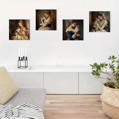 4pcs Elegant Lady Holding Cat Wall Art Canvas Framed